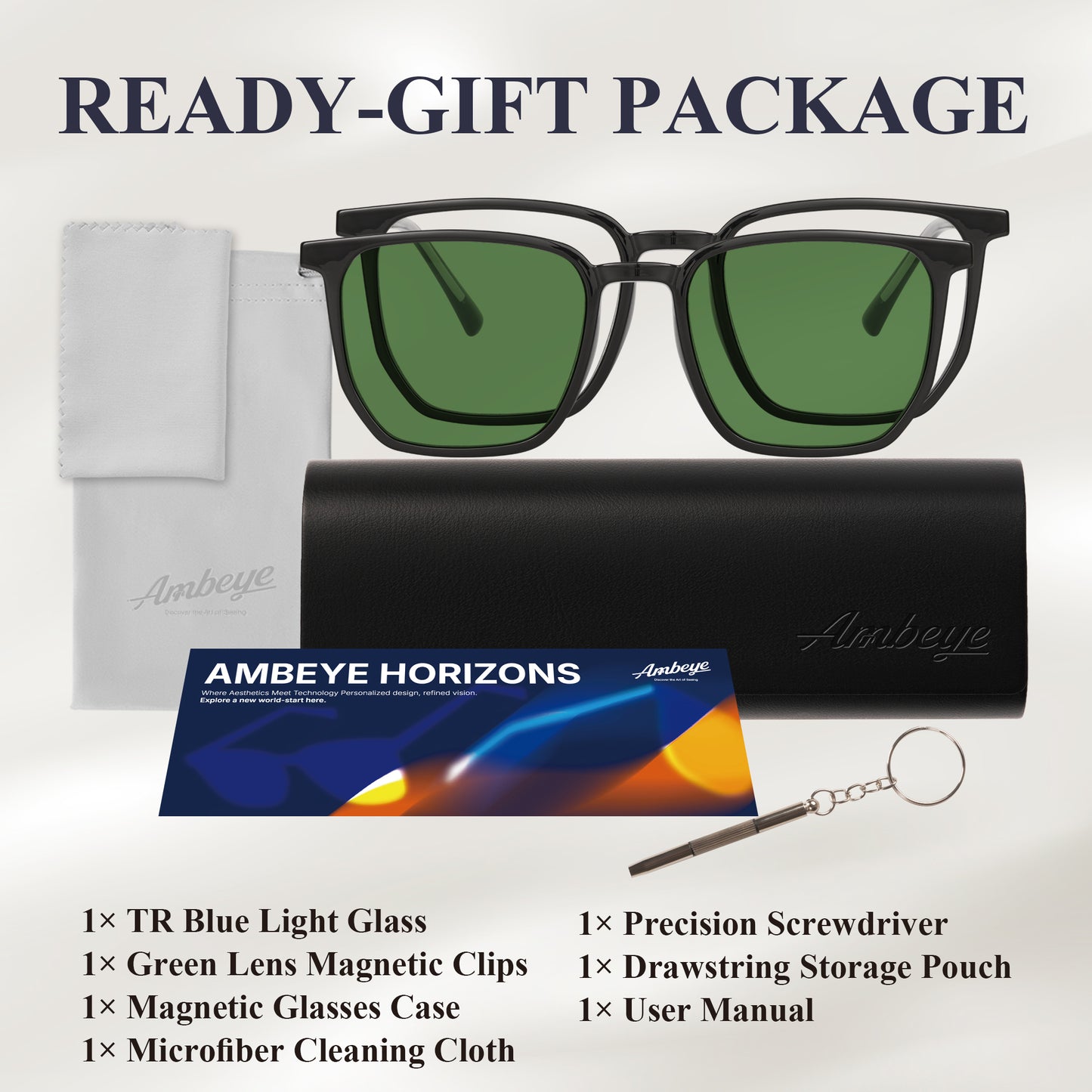 AMBEYE TR90 Lightweight Blue Light Blocking Glasses with Magnetic Green Migraine Relief Clip-On & UV400 Protection, Stylish Unisex Frame for Men and Women(Tortoiseshell)