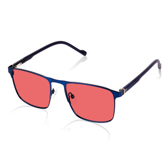 AMBEYE Fluorescent Light Filter Pink Lens Glasses, Lightweight Navy Blue Metal Frame Blue Light Blocking for Computer & Indoor Use,Anti-Glare Eye Strain Protection for Men/Women