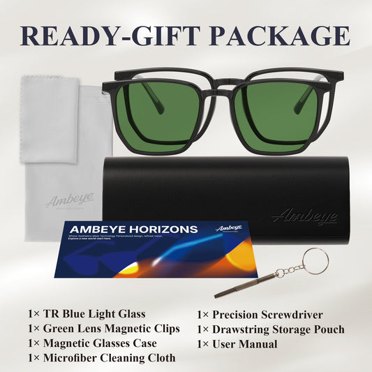 AMBEYE TR90 Lightweight Blue Light Blocking Glasses with Magnetic Green Migraine Relief Clip-On & UV400 Protection, Stylish Unisex Frame for Men and Women(Tortoiseshell）